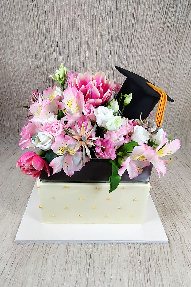 Square Graduation Cake w/ Fresh Flowers